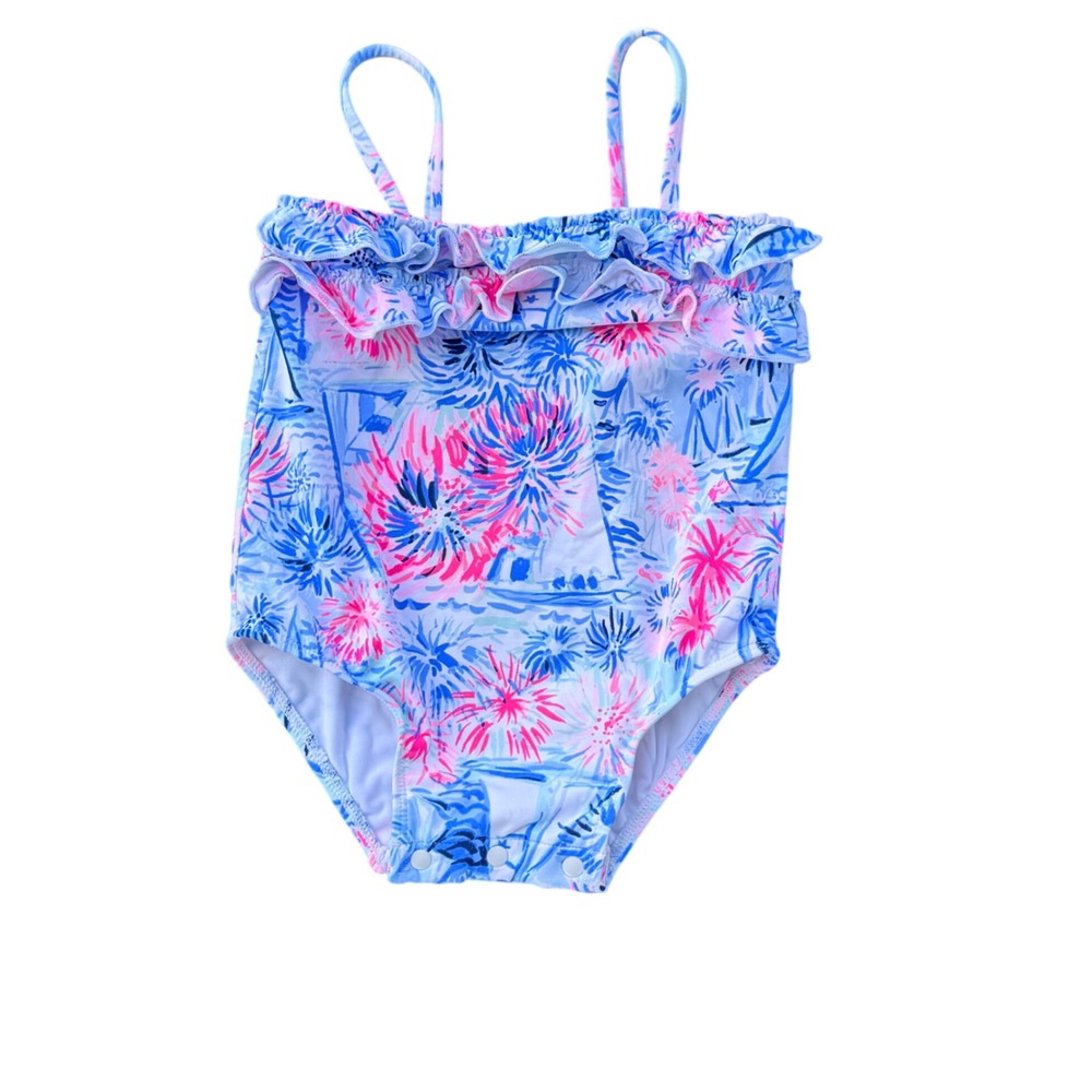 Lilly Pulitzer One Piece Swimsuit Baby Girls 12-18M Blue Pink Tropical Ruffle